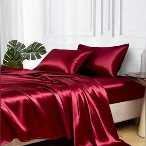 MR&HM Satin Bed Sheets, Queen Size 4pc Silky Sheet Set, Deep Pocket, Burgundy
